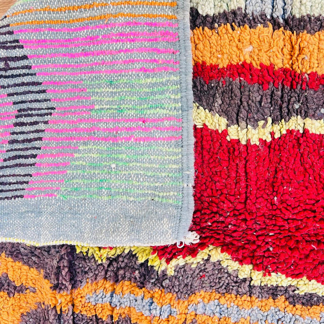 Vintage Moroccan wool rug 267x150 cm with abstract vertical design in blue, yellow, red and sage green – handmade Berber carpet from Morocco