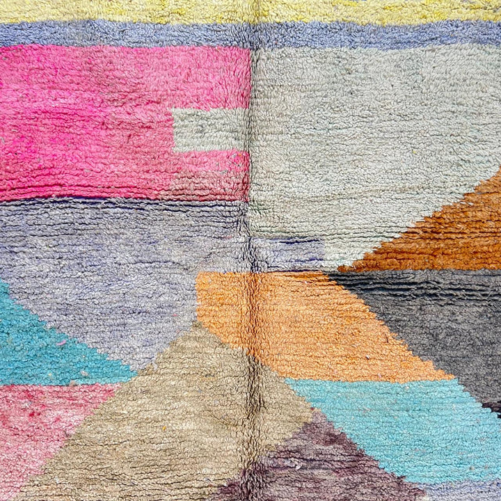 Vintage Moroccan wool rug with pastel geometric blocks in pink, green, blue and caramel