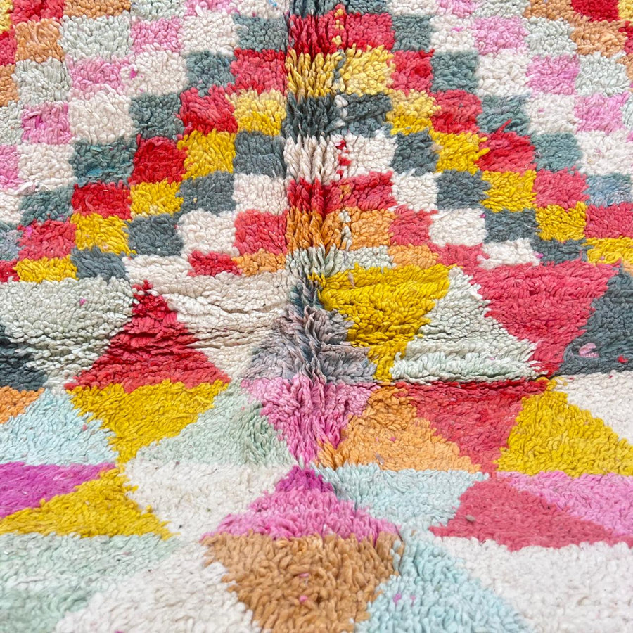 Vintage Moroccan wool rug with colorful geometric checkerboard and diamond patterns