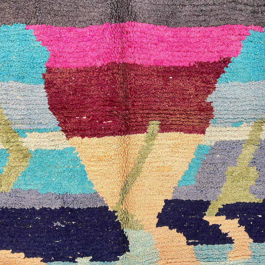 Vintage Moroccan wool rug with abstract Berber design in blue, beige, and magenta, 240x165 cm