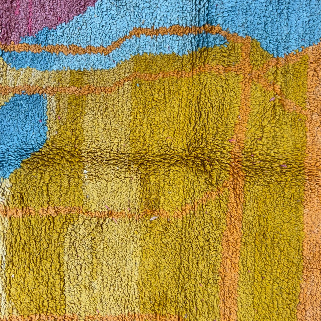 Vintage Moroccan wool rug 7.35x5.41 ft, handmade Berber shag rug with abstract geometric design in mustard yellow, pink and turquoise tones