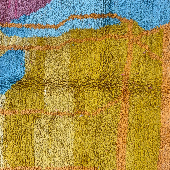 Vintage Moroccan wool rug 7.35x5.41 ft, handmade Berber shag rug with abstract geometric design in mustard yellow, pink and turquoise tones