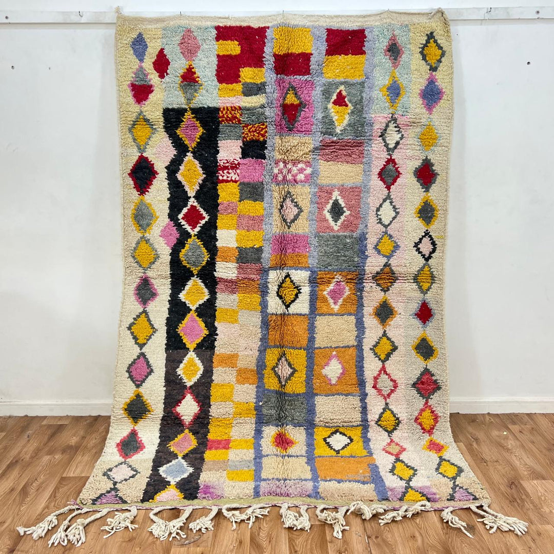 Vintage Moroccan wool rug with colorful Berber diamond pattern, 250x166 cm