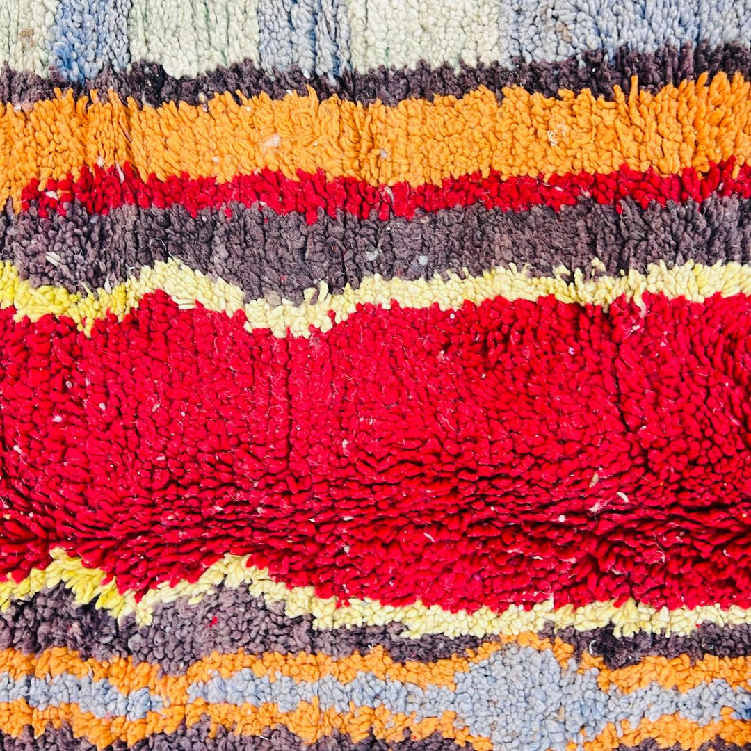 Vintage Moroccan wool rug 267x150 cm with abstract vertical design in blue, yellow, red and sage green – handmade Berber carpet from Morocco