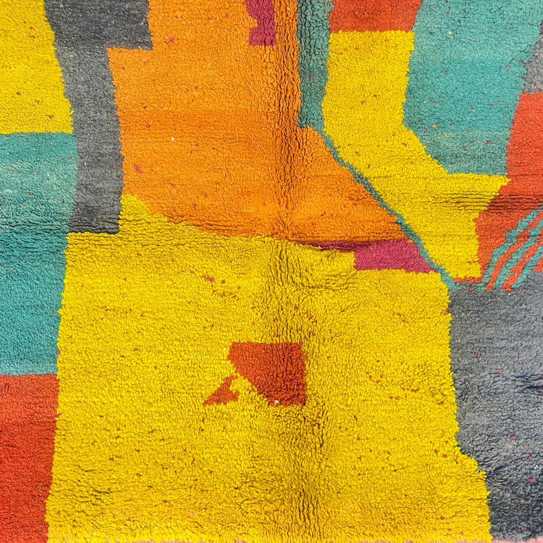 Vintage Moroccan wool rug with colorful abstract Berber geometric pattern, handmade in Morocco