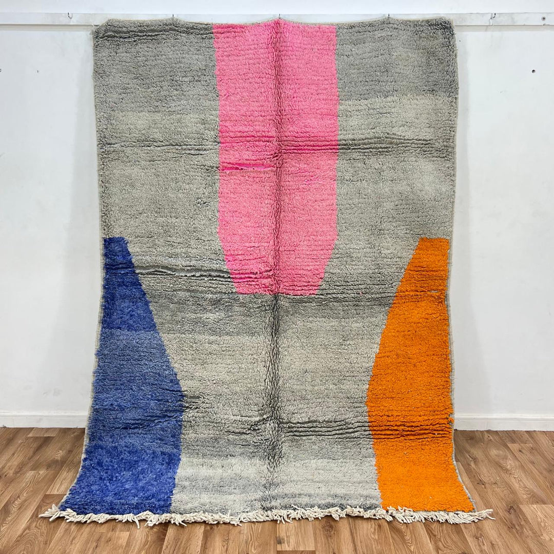 Vintage Moroccan wool rug with gray base and color-block accents in pink, blue and orange
