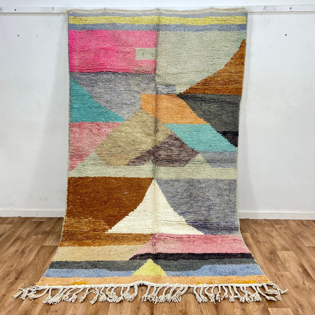 Vintage Moroccan wool rug with pastel geometric blocks in pink, green, blue and caramel