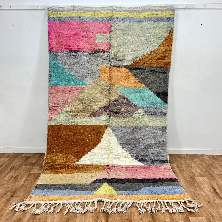 Vintage Moroccan wool rug with pastel geometric blocks in pink, green, blue and caramel
