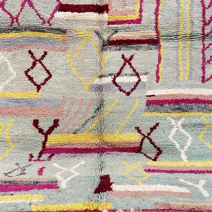 Vintage Moroccan wool rug with abstract Berber symbols in grey, burgundy and mustard, handmade in Morocco, size 253 x 152 cm.