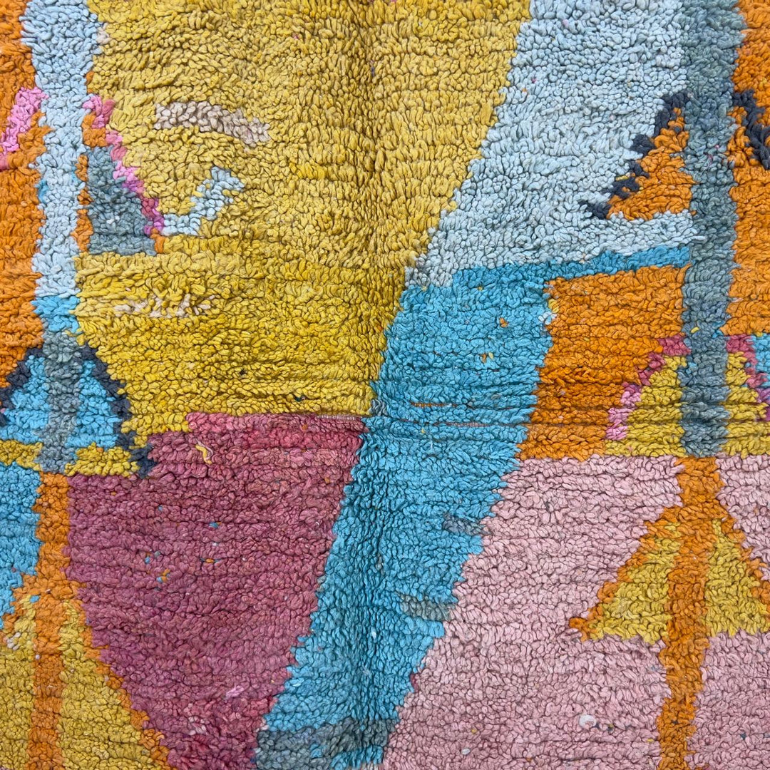 Vintage Moroccan wool rug 8.82x8.79 ft, handmade Berber rug with abstract geometric pattern, colorful shag Moroccan carpet in yellow, pink, turquoise and black tones