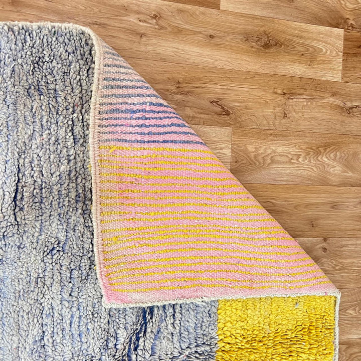 Vintage Moroccan wool rug with abstract Berber design in mustard, red, ivory and green, handmade in Morocco, size 261x160 cm
