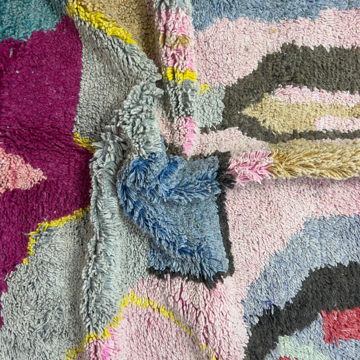 Vintage Moroccan wool rug 7.80x5.35 ft, handmade Berber shag rug with abstract geometric design in pink, grey, beige and burgundy tones