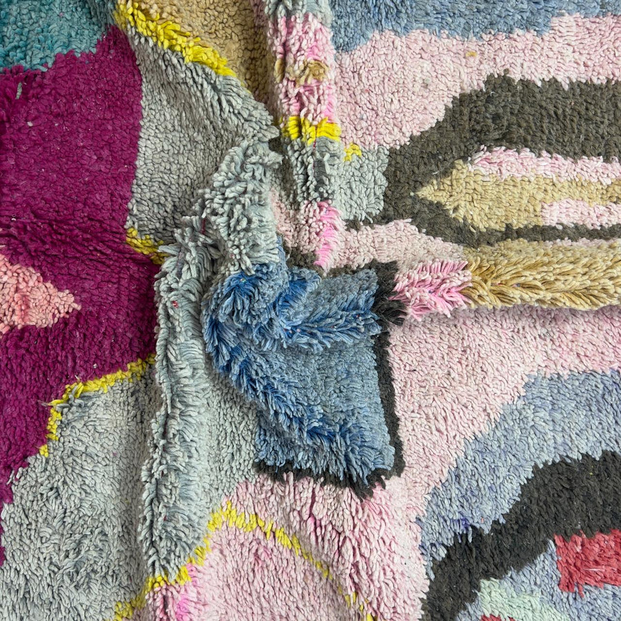 Vintage Moroccan wool rug 7.80x5.35 ft, handmade Berber shag rug with abstract geometric design in pink, grey, beige and burgundy tones