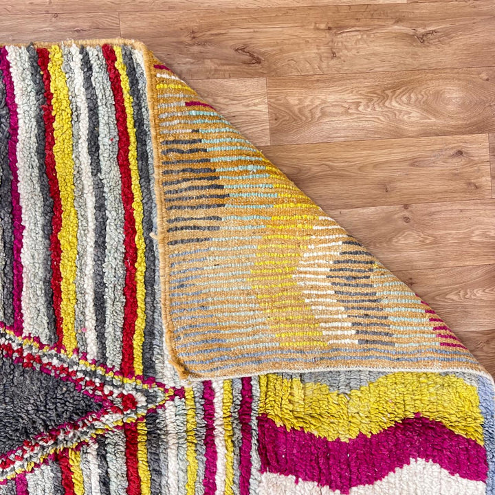 Vintage Moroccan wool rug with red, yellow, grey and ivory stripes and central diamond motif, handwoven Berber rug 235x152 cm