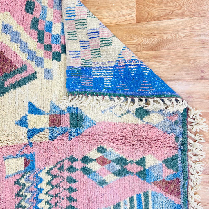 Vintage Moroccan wool rug with abstract Berber symbols in blush pink, pastel yellow and blue, size 263x160 cm