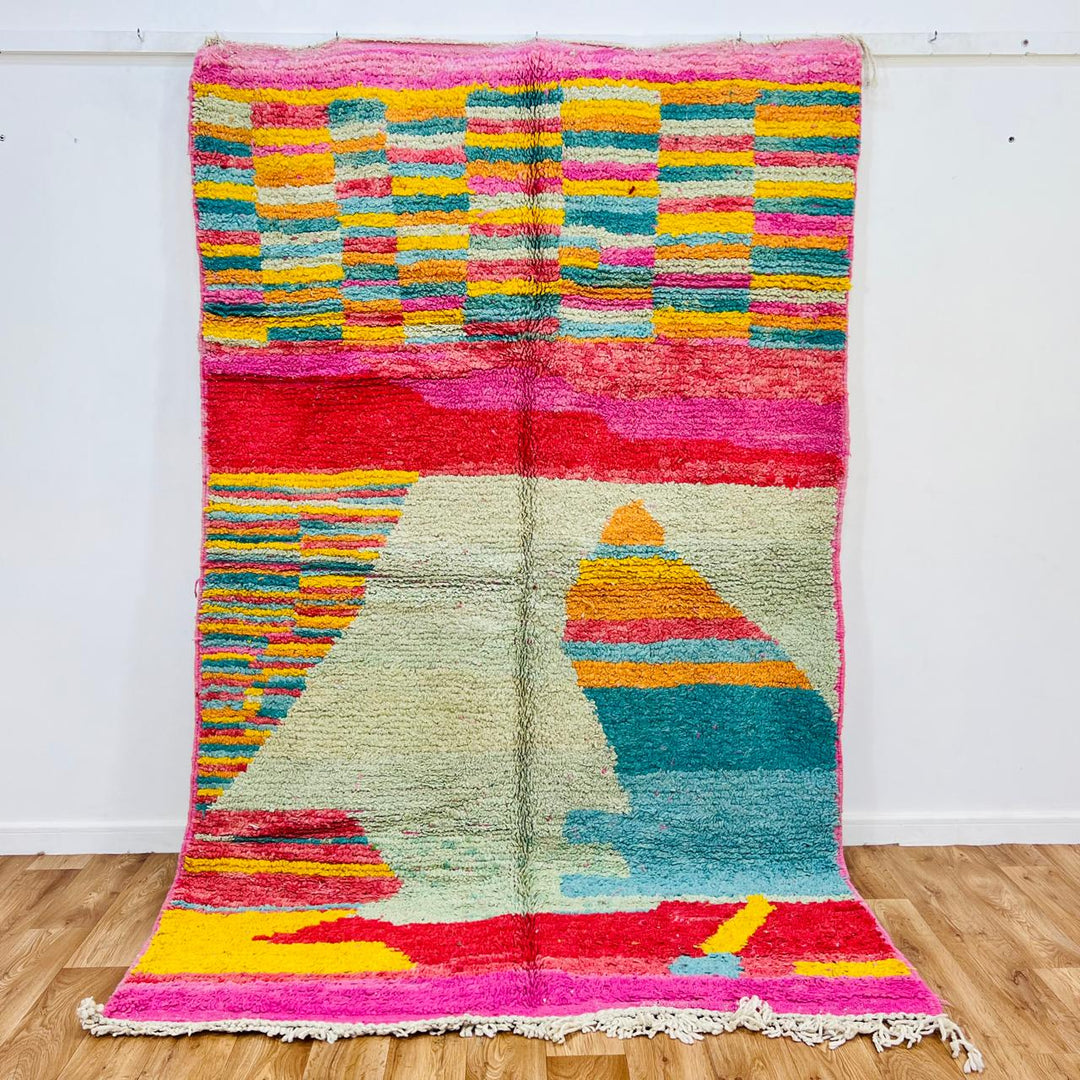 Vintage Moroccan wool rug with colorful abstract Berber design, handmade in Morocco