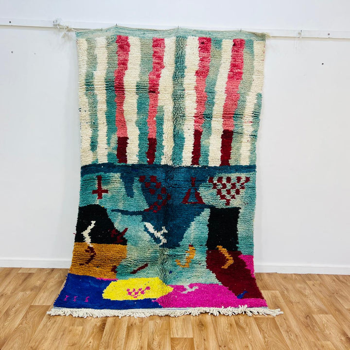 Vintage Moroccan wool rug with abstract Berber design in turquoise, coral, and ivory, 240x147 cm