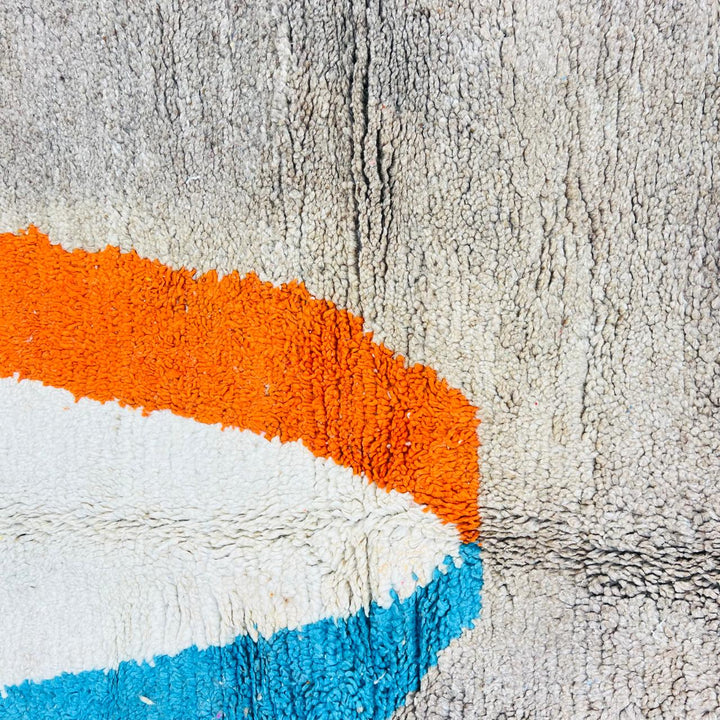 Vintage Moroccan wool rug with abstract blue, ivory and orange stripe on beige background, handmade Berber rug 264x152 cm