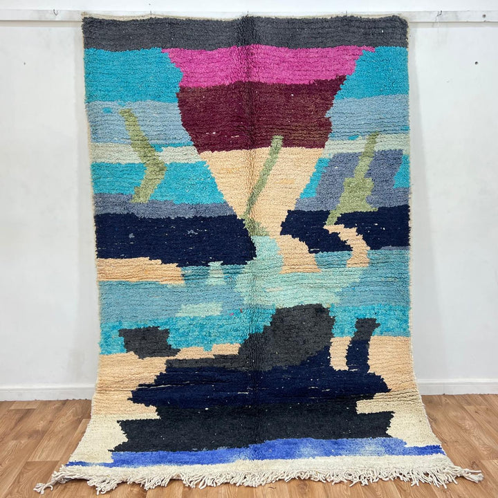 Vintage Moroccan wool rug with abstract Berber design in blue, beige, and magenta, 240x165 cm
