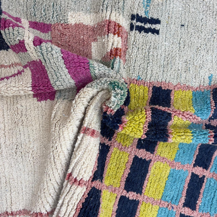Vintage Moroccan wool rug 8.53x5.68 ft, handmade Berber shag carpet with colorful geometric tribal patterns in brown, pink, blue and mustard tones