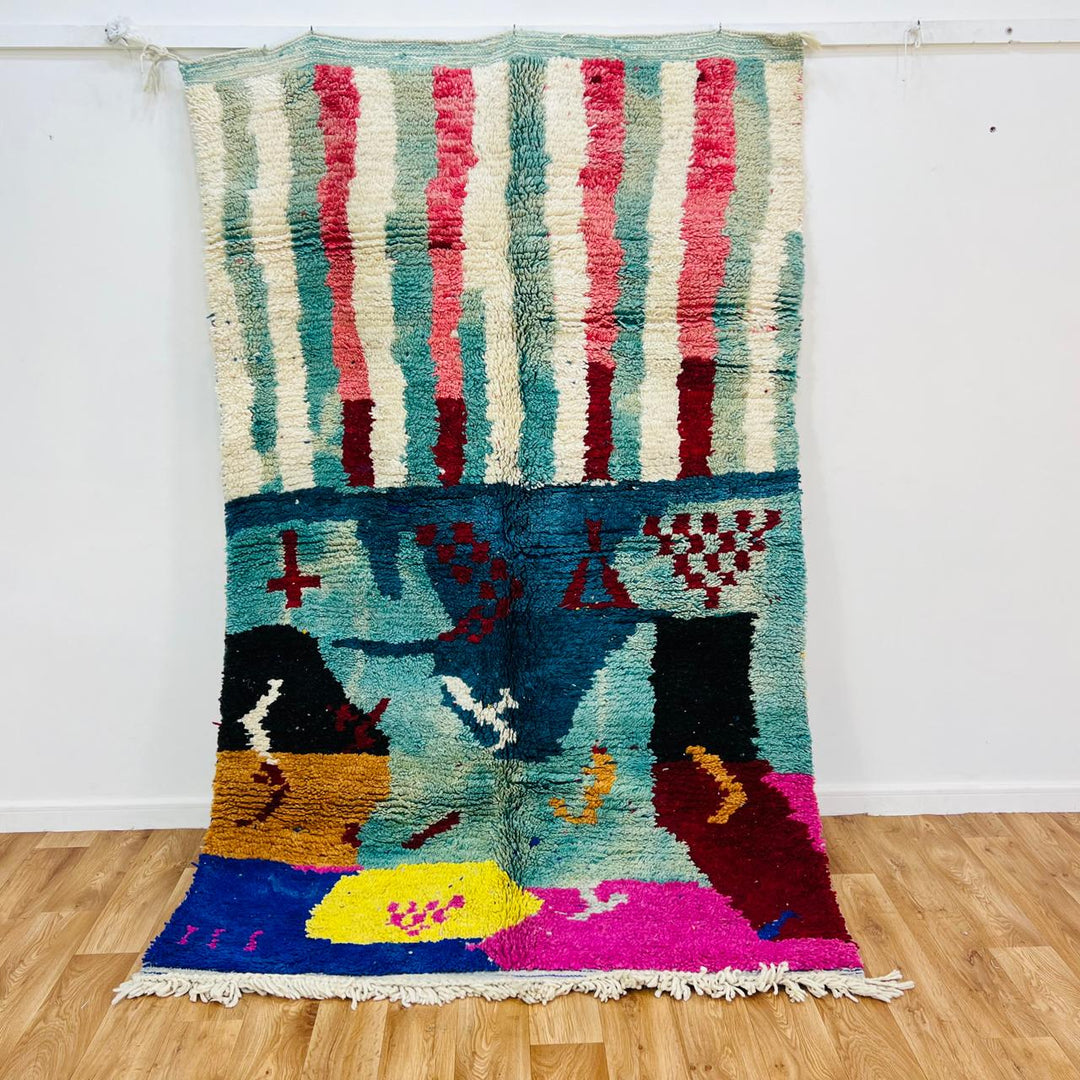Vintage Moroccan wool rug with abstract Berber design in turquoise, coral, and ivory, 240x147 cm