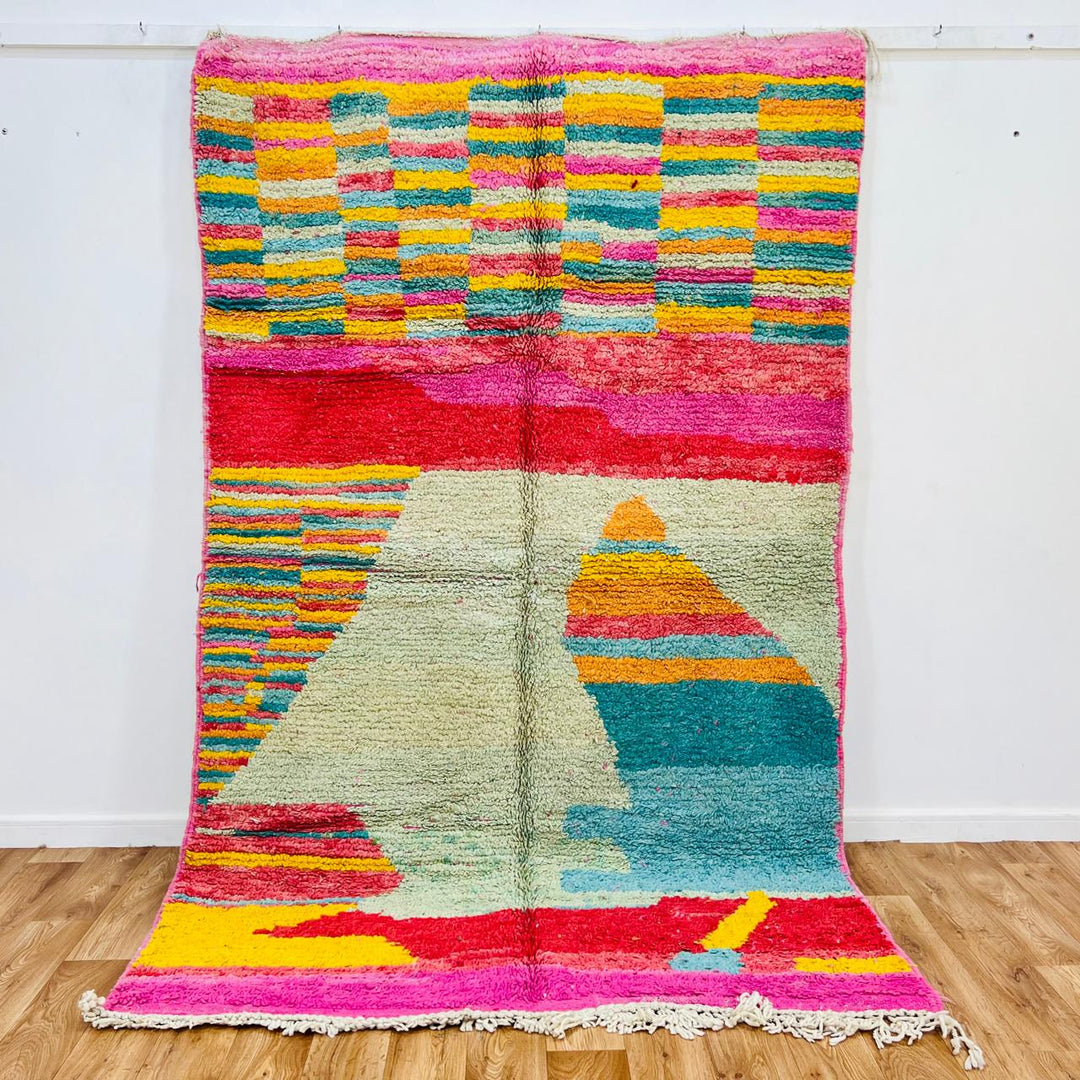 Vintage Moroccan wool rug with colorful abstract Berber design, handmade in Morocco