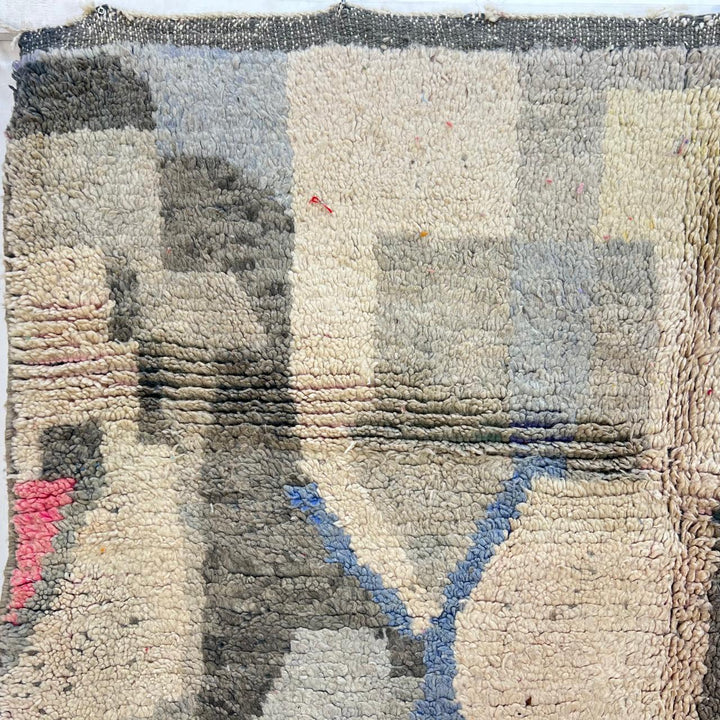 Vintage Moroccan wool rug with neutral geometric Berber design in gray, ivory, and muted blue