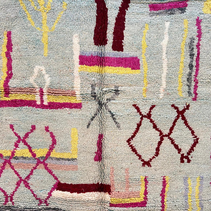 Vintage Moroccan wool rug with abstract Berber symbols in grey, burgundy and mustard, handmade in Morocco, size 253 x 152 cm.