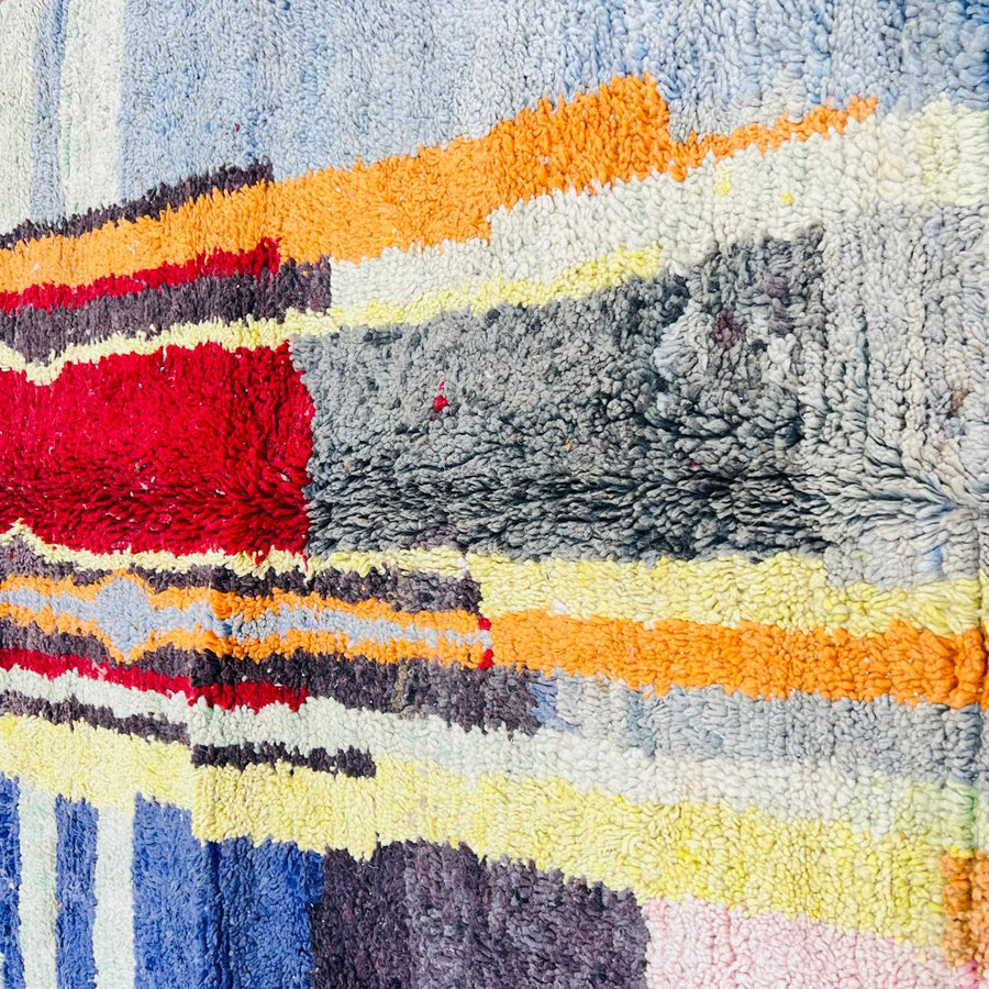 Vintage Moroccan wool rug 267x150 cm with abstract vertical design in blue, yellow, red and sage green – handmade Berber carpet from Morocco
