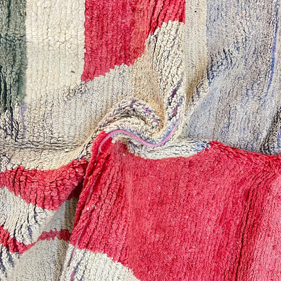 Vintage Moroccan wool rug with abstract Berber design in mustard, red, ivory and green, handmade in Morocco, size 261x160 cm