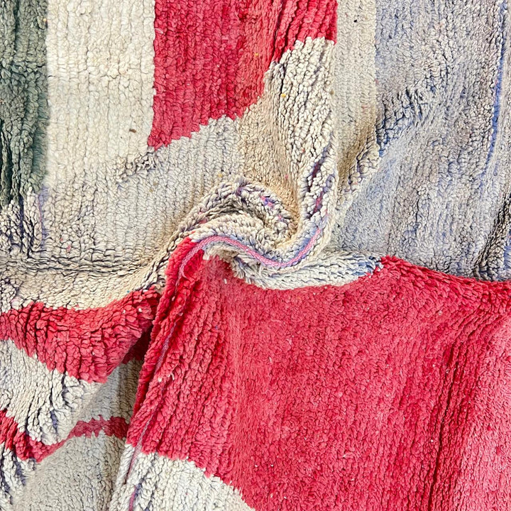 Vintage Moroccan wool rug with abstract Berber design in mustard, red, ivory and green, handmade in Morocco, size 261x160 cm