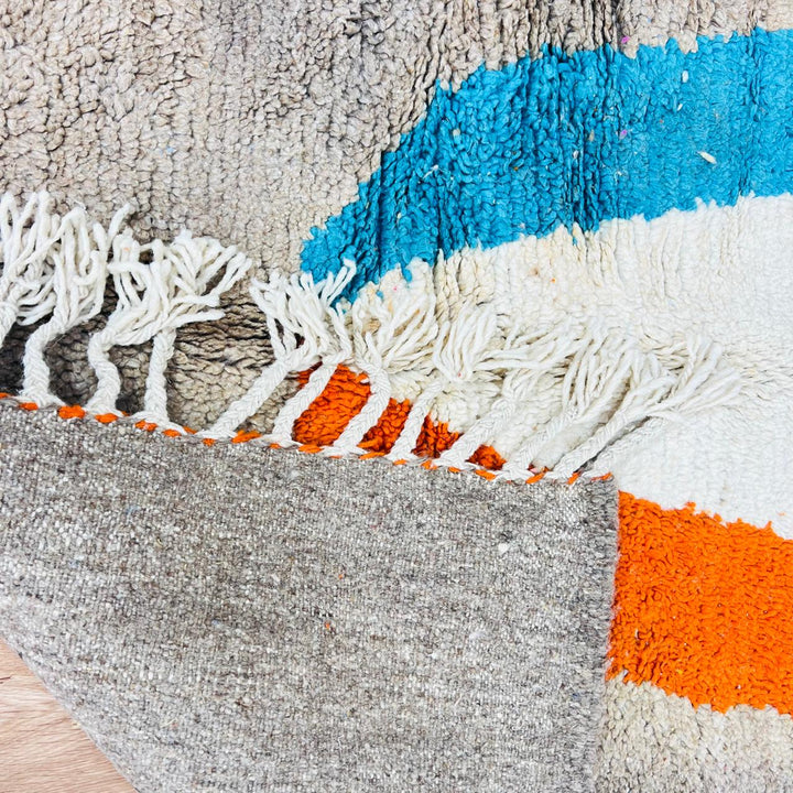 Vintage Moroccan wool rug with abstract blue, ivory and orange stripe on beige background, handmade Berber rug 264x152 cm
