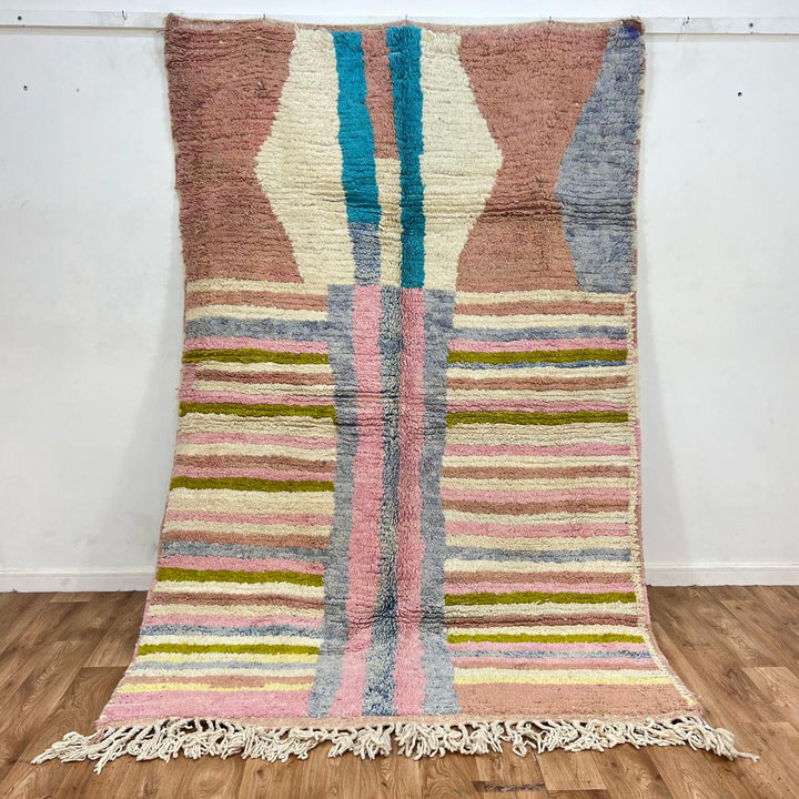 Vintage Moroccan wool rug with blush pink and neutral striped pattern