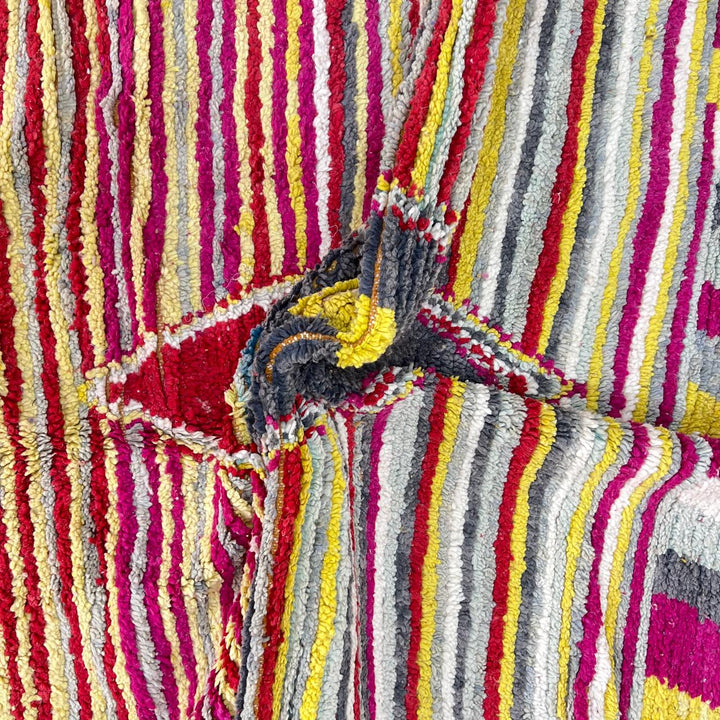 Vintage Moroccan wool rug with red, yellow, grey and ivory stripes and central diamond motif, handwoven Berber rug 235x152 cm