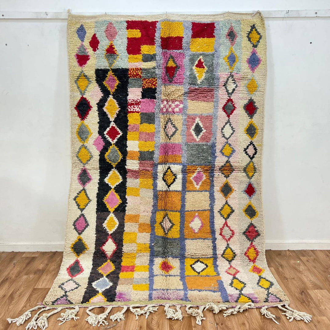 Vintage Moroccan wool rug with colorful Berber diamond pattern, 250x166 cm