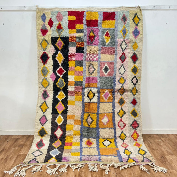 Vintage Moroccan wool rug with colorful Berber diamond pattern, 250x166 cm