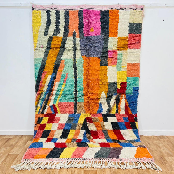 Vintage Moroccan wool rug with colorful abstract Berber geometric design, handmade in Morocco