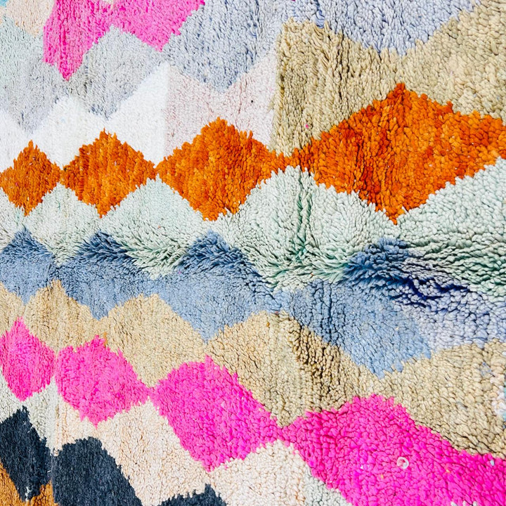 Vintage Moroccan wool rug with colorful Berber diamond geometric pattern, handmade in Morocco