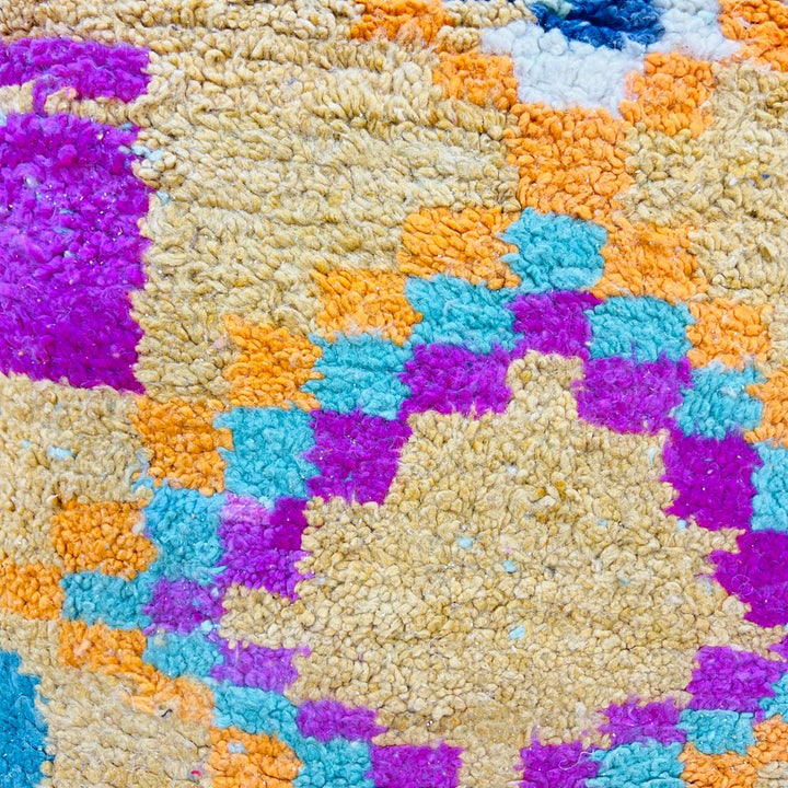 Vintage Moroccan wool rug with mustard yellow base and colorful Berber diamond patterns, handmade in Morocco, size 240x170 cm
