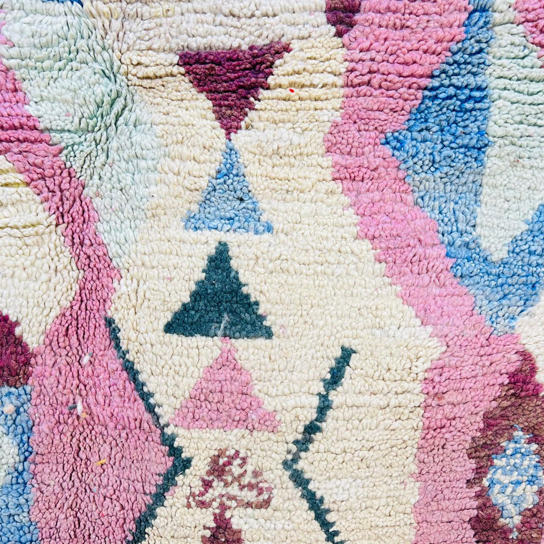 Vintage Moroccan wool rug with abstract Berber symbols in blush pink, pastel yellow and blue, size 263x160 cm