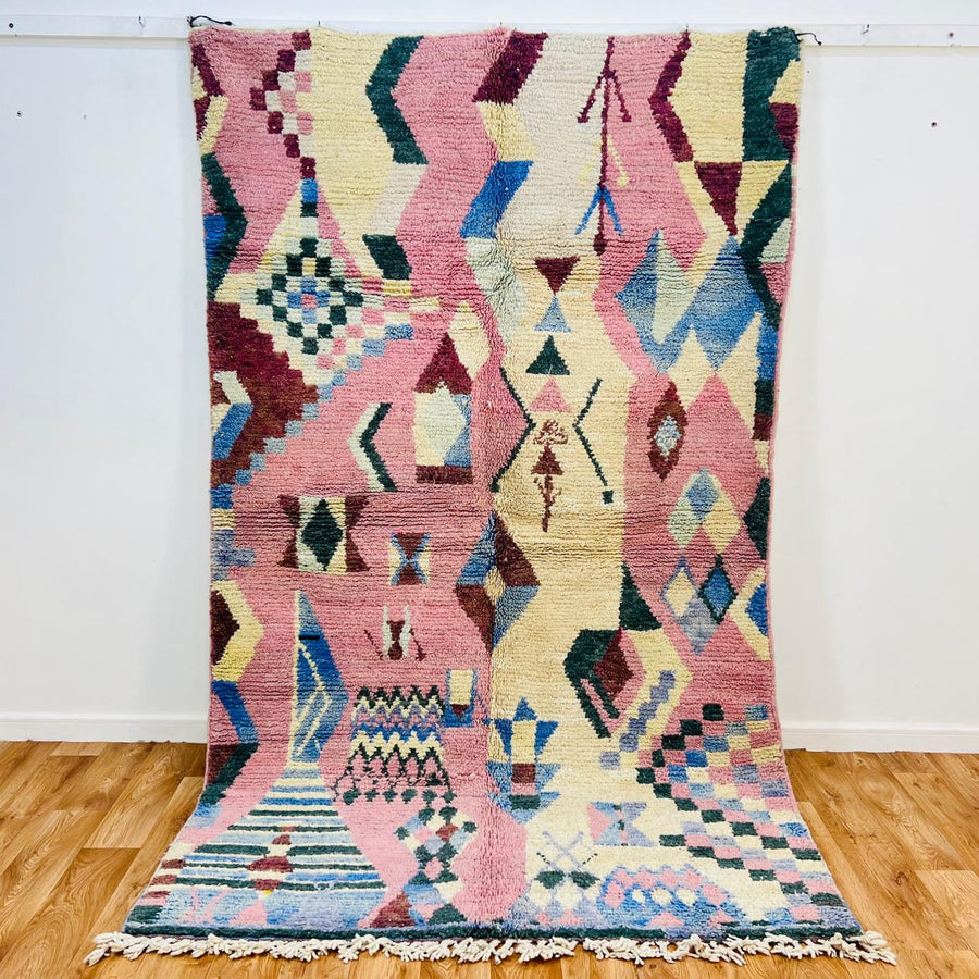 Vintage Moroccan wool rug with abstract Berber symbols in blush pink, pastel yellow and blue, size 263x160 cm