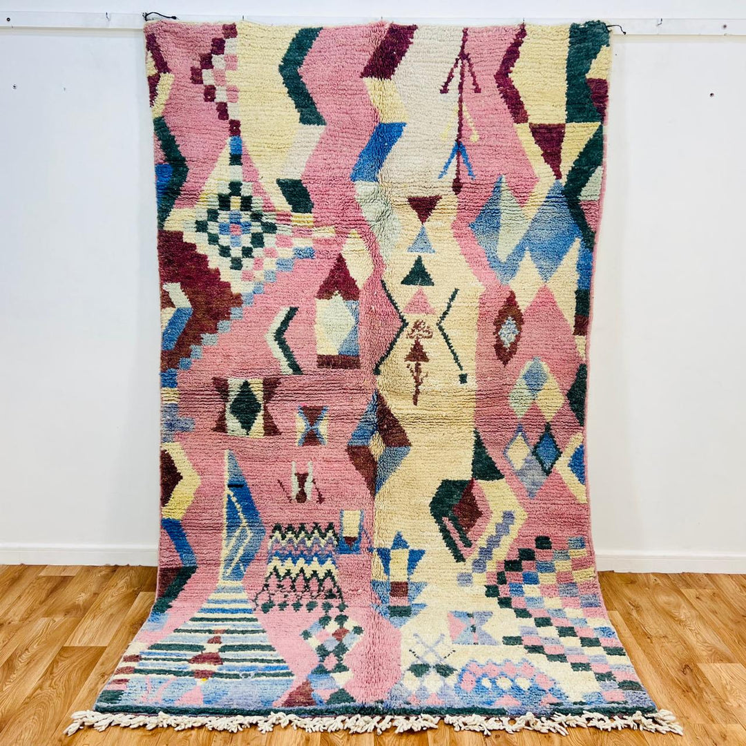 Vintage Moroccan wool rug with abstract Berber symbols in blush pink, pastel yellow and blue, size 263x160 cm