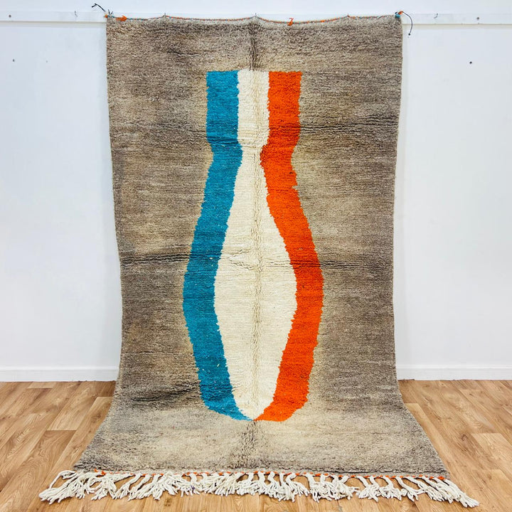 Vintage Moroccan wool rug with abstract blue, ivory and orange stripe on beige background, handmade Berber rug 264x152 cm