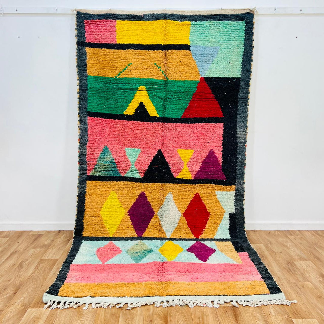 Handmade vintage Moroccan wool rug with colorful geometric Berber design. One-of-a-kind artisan rug, 290×155 cm.