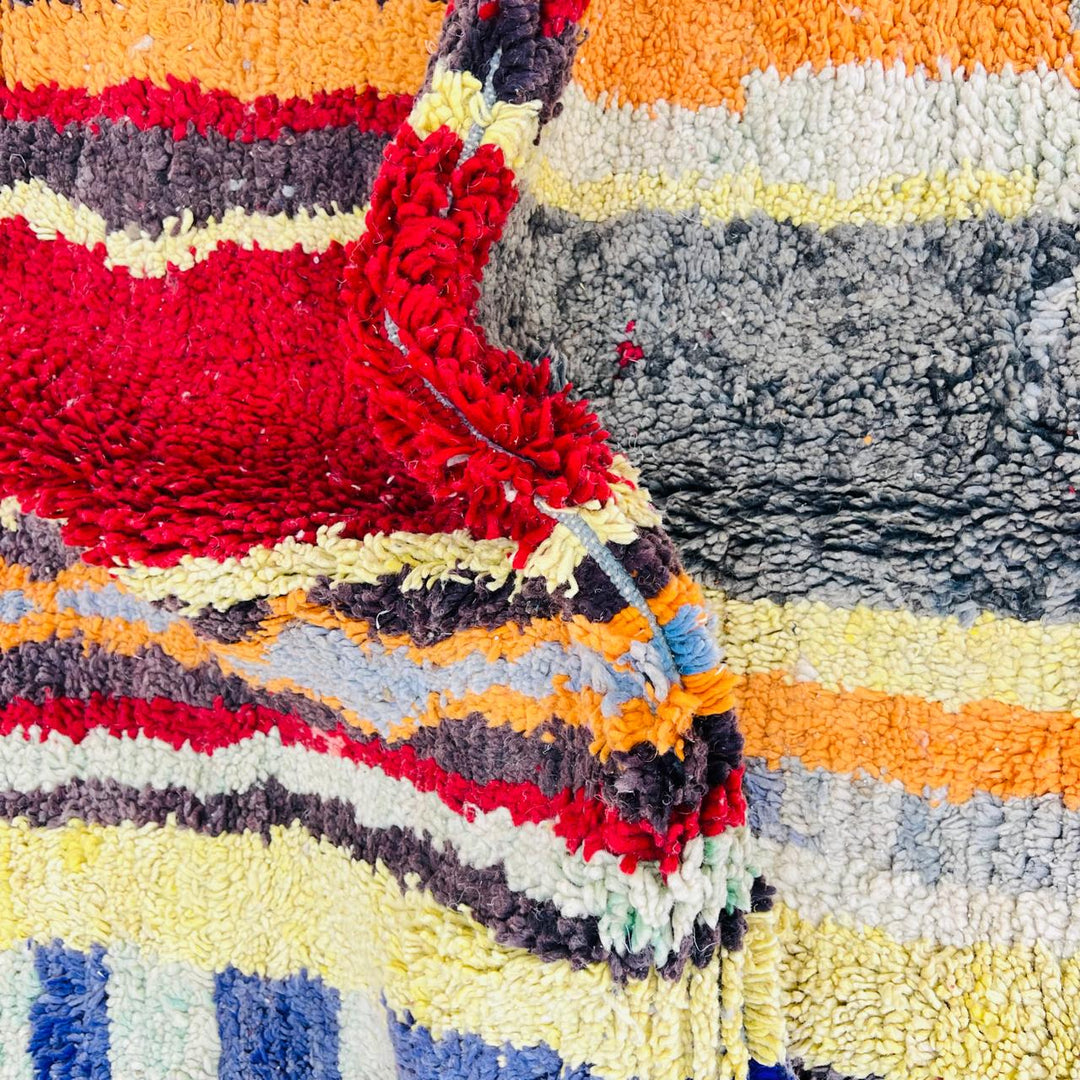 Vintage Moroccan wool rug 267x150 cm with abstract vertical design in blue, yellow, red and sage green – handmade Berber carpet from Morocco
