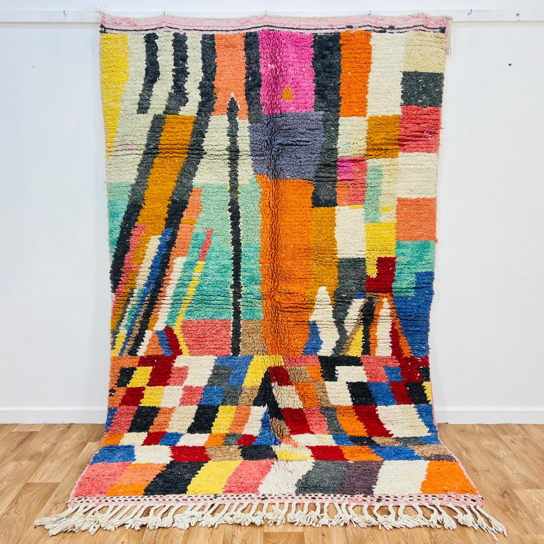 Vintage Moroccan wool rug with colorful abstract Berber geometric design, handmade in Morocco