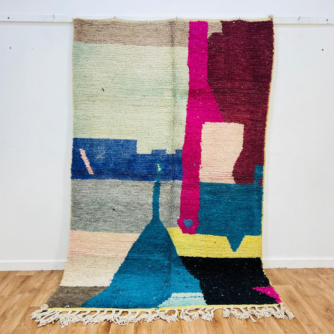 Vintage Moroccan rug handmade from abstract Berber wool design, 246x158 cm