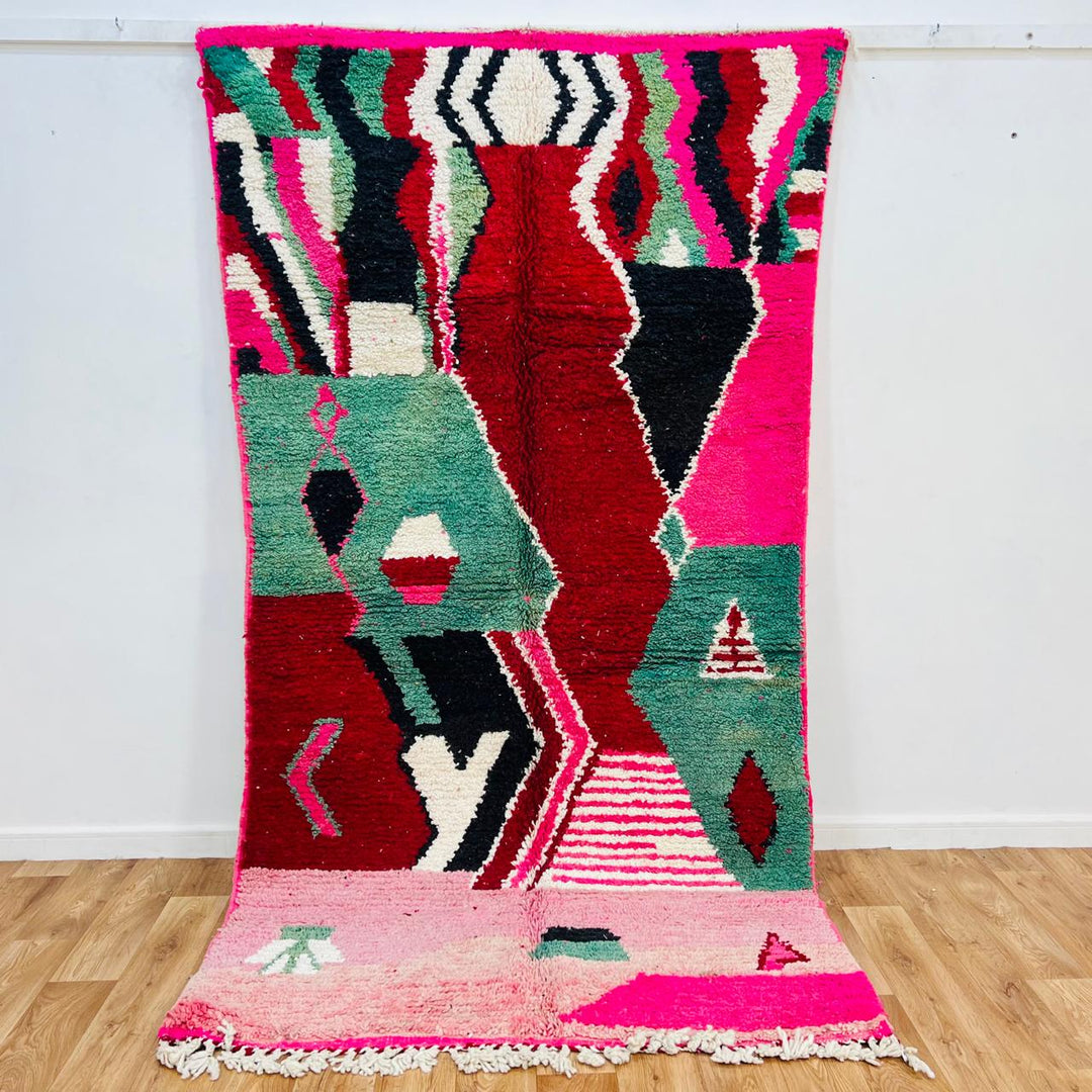 Vintage Moroccan wool rug with colorful abstract Berber patterns, handmade in Morocco