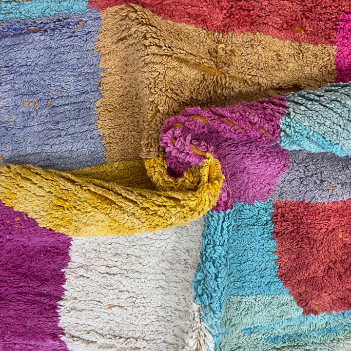 Vintage Moroccan wool rug with colorful patchwork blocks in orange, pink, yellow and blue tones, handmade Berber rug 8.33 x 5.09 ft