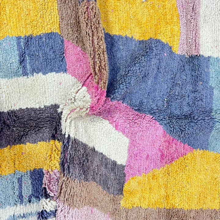 Vintage Moroccan Wool Rug 192 – handmade pink, yellow, and brown abstract Moroccan wool rug (241 × 157 cm).